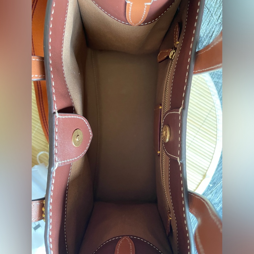 Coach Leatherware Two-Tone Canvas Tote in Beige and Brown with Orange Strap - Picture 5 of 8